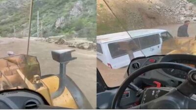 Hakkari’de derenin taşması sonucu yolda mahsur kalan minibüs, 3 saatlik