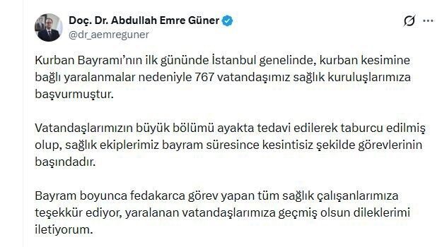 İstanbul İl Sağlık Müdürü Doç. Dr. Abdullah Emre Güner, Kurban