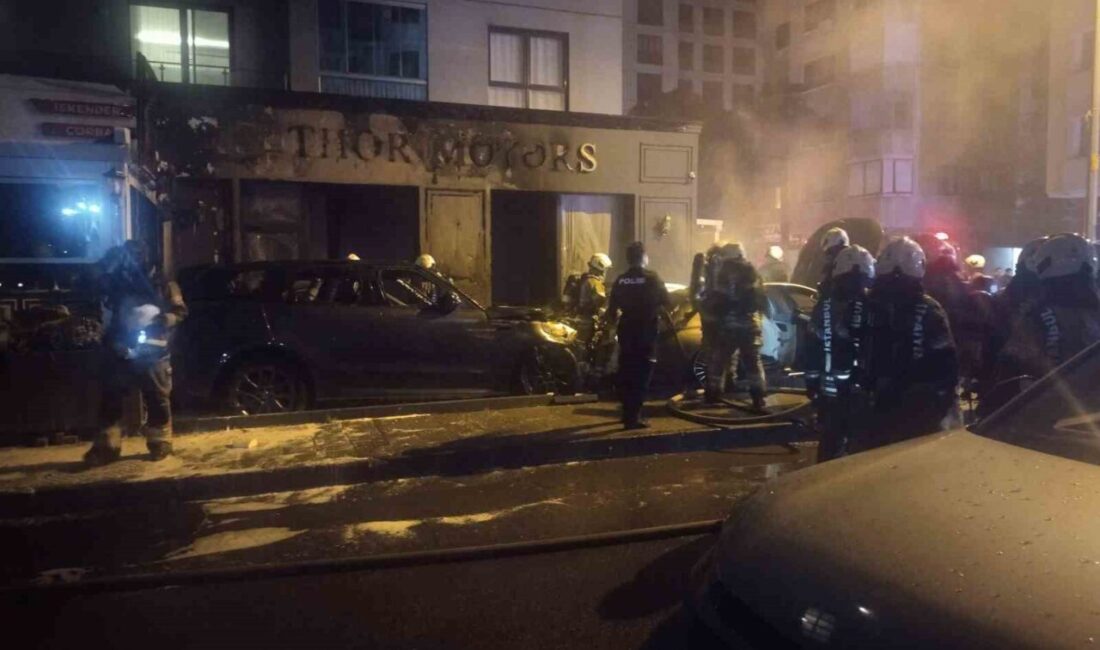 Kadıköy’de gece saatlerinde bir galerinin önünde yanmaya başlayan otomobil, yanındaki