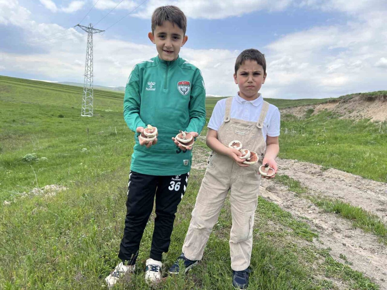 Arpaçay’da aileleriyle birlikte bayram ziyaretine gelen çocuklar, doğada hem mantar