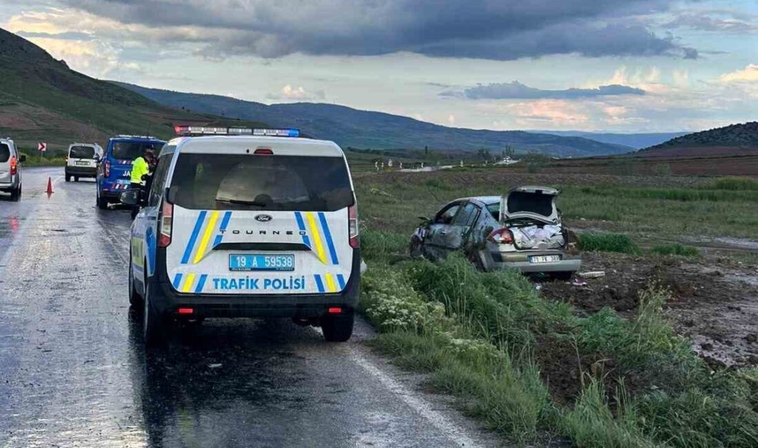 Çorum’un Alaca ilçesinde yağış nedeniyle kayganlaşan yolda kontrolden çıkan otomobilin