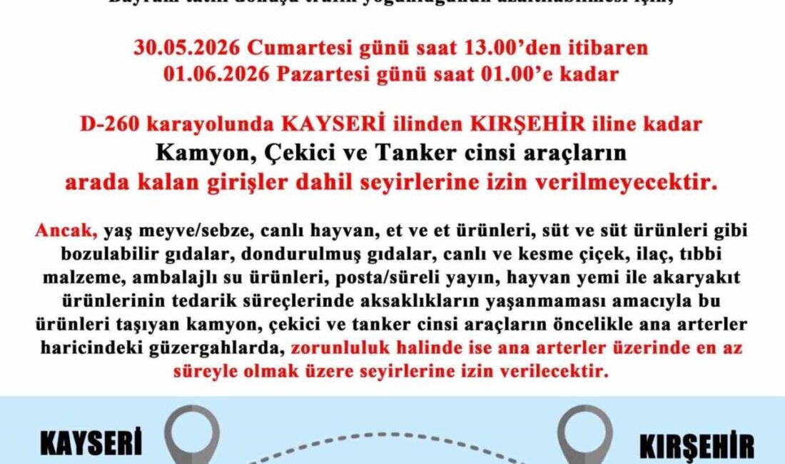 Kayseri İl Emniyet Müdürlüğü tarafından yapılan açıklamada, bayram tatili dönüşü