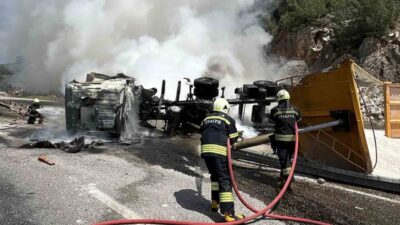Milas-Yatağan karayolu Boğa Yokuşu mevkiinde meydana gelen trafik kazasında devrilen