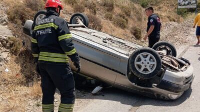 Muğla’nın Bodrum ilçesinde virajda kontrolden çıkan otomobil devrilirken, şans eseri