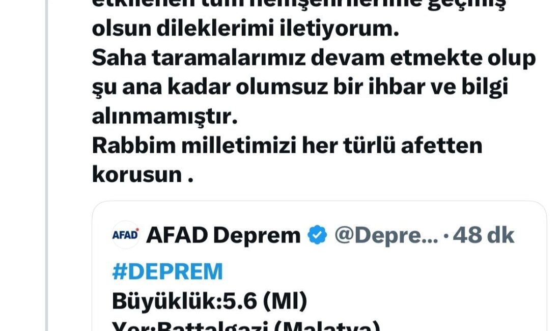 Malatya’da meydana gelen 5.6 büyüklüğündeki depremin ardından Malatya Valisi Seddar