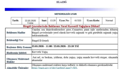 Meteoroloji 13. Bölge Müdürlüğü, Bingöl için kuvvetli yağış uyarısı yaptı.