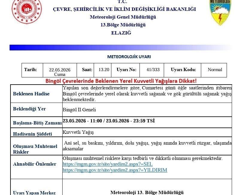 Meteoroloji 13. Bölge Müdürlüğü, Bingöl için kuvvetli yağış uyarısı yaptı.