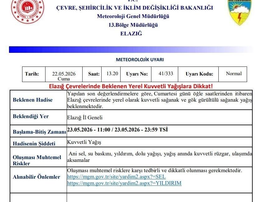 Meteoroloji 13. Bölge Müdürlüğü, Elazığ için kuvvetli yağış uyarısı yaptı.
