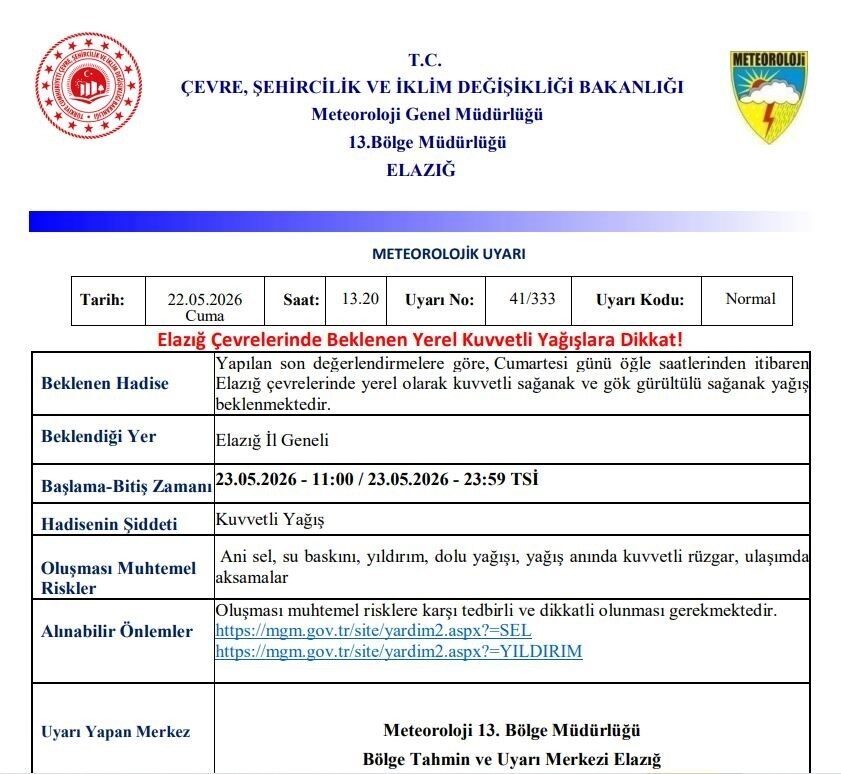 Meteoroloji 13. Bölge Müdürlüğü, Elazığ için kuvvetli yağış uyarısı yaptı.