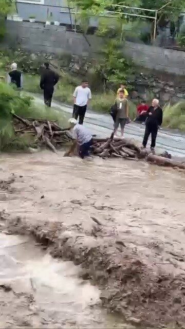 Hatay’da aşırı yağışlarla birlikte debisi artan derede suyun taşıdığı odunları