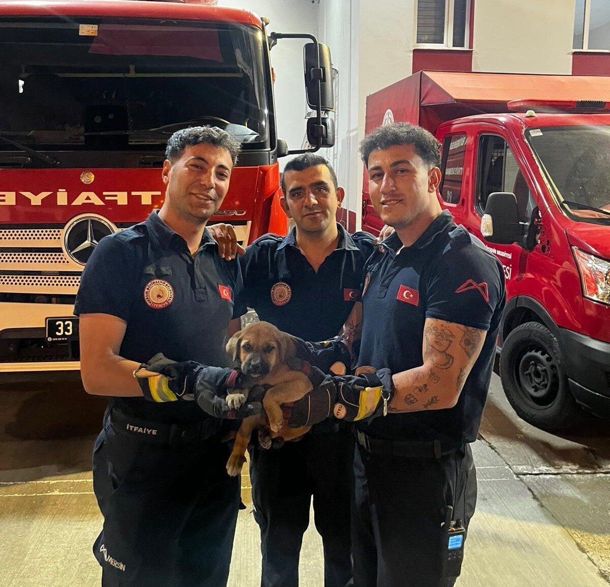 Mersin’de bir otomobilin motor bölümüne sıkışan yavru köpek, itfaiye ekiplerinin