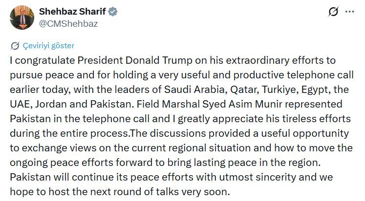 Pakistan Başbakanı Şahbaz Şerif, ABD Başkanı Donald Trump’ı barışı teşvik