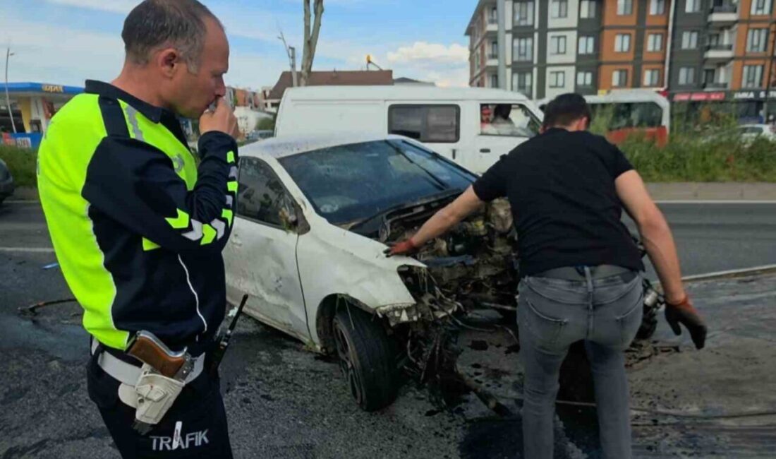Düzce’de karayolundaki refüjün betonlarına ve ağaçlara çarpan otomobilin motoru koptu.