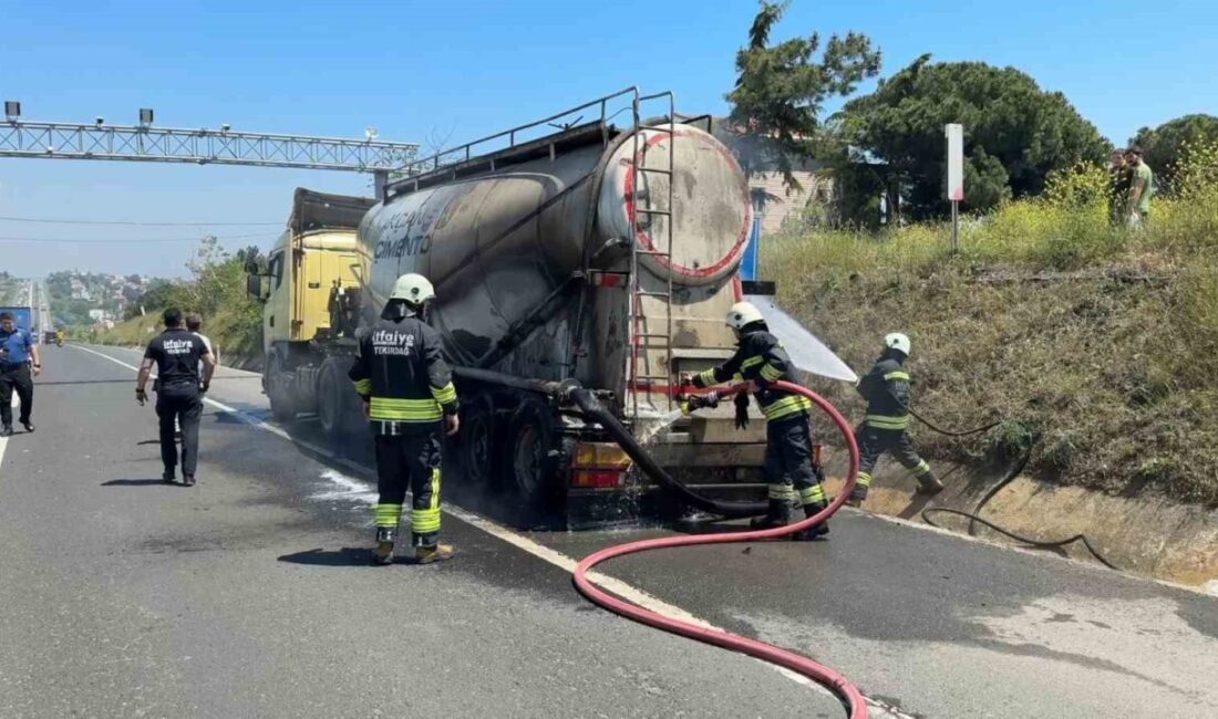 Tekirdağ-İstanbul Karayolu’nda seyir halindeki beton yüklü kamyonun lastik kısmında çıkan