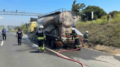 Tekirdağ-İstanbul Karayolu’nda seyir halindeki beton yüklü kamyonun lastik kısmında çıkan