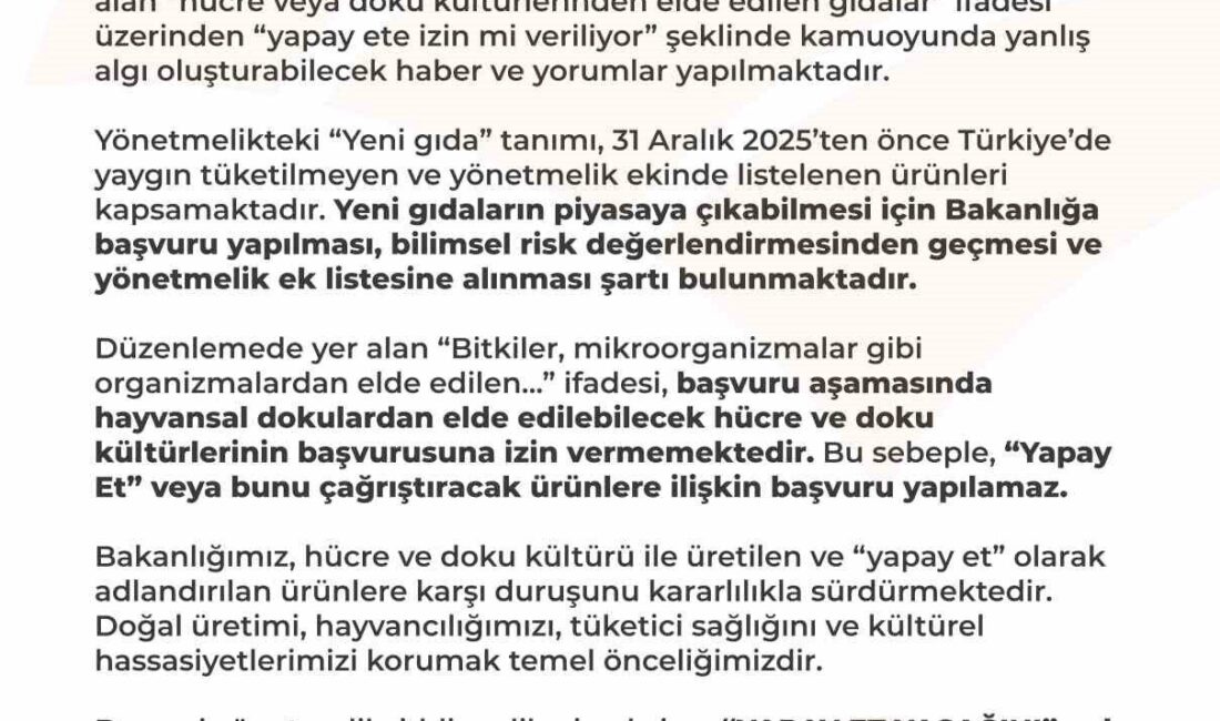 Tarım ve Orman Bakanlığı, bazı yayın organlarındaki ‘yapay ete izin
