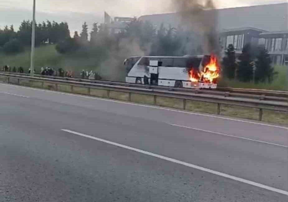 TEM Otoyolu’nun Kocaeli geçişinde seyir halindeki şehirlerarası yolcu otobüsü alevlere