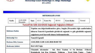 Meteoroloji 13. Bölge Müdürlüğü, Tunceli için gök gürültülü sağanak yağış