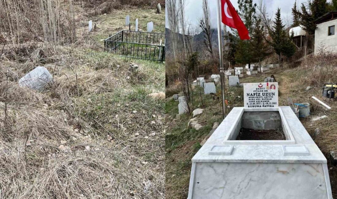 Artvin’de doğal şartlar nedeniyle zamanla yıpranan şehit mezarları, yenilenirken, mezarlıklardaki