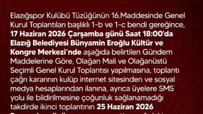 Elazığspor’da olağan mali ve olağanüstü seçimli genel kurul tarihi netleşti.