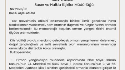 Kilis Valiliği, artan sıcaklıklar, düşük nem ve kuvvetli rüzgâr nedeniyle