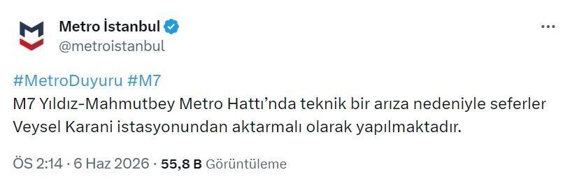 M7 Yıldız-Mahmutbey Metro Hattı’nda yaşanan teknik arıza nedeniyle bazı yolcular