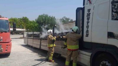 Hatay’da park halindeyken dorsesindeki sıcak demir alev alan tırda çıkan
